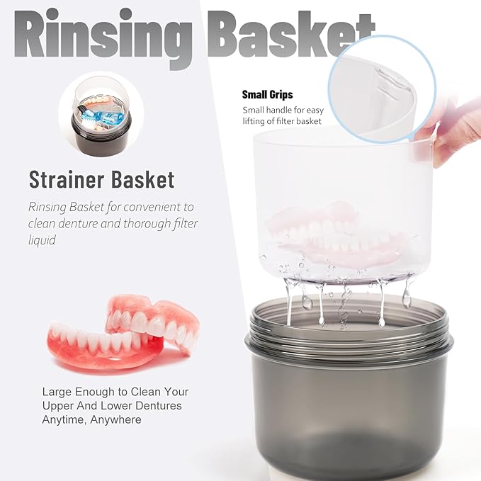 Leak Proof Travel Denture Bath Case for Full Dentures, Denture Cups for Soaking Dentures, Denture Container Cups with Brush for Dentures, Aligner, Retainers, Mouth Guard (Transparent Black)