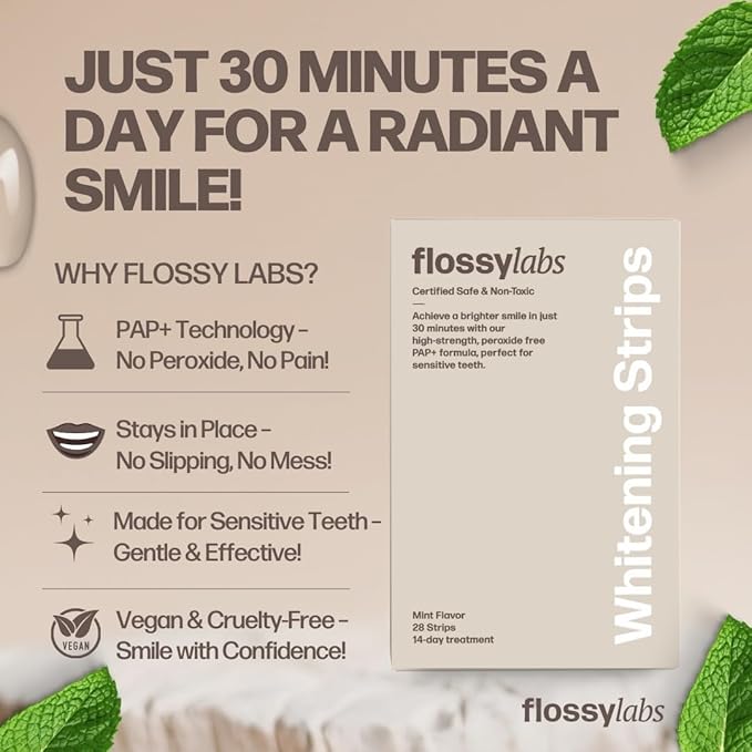 Flossy Labs Pap+ Teeth Whitening Strips, Peroxide Free, Enamel Safe, High Strength, Non Slip, 14 Day Treatment for Sensitive Teeth, Removes Stains from Coffee, Wine, and Tea, Professional Results.