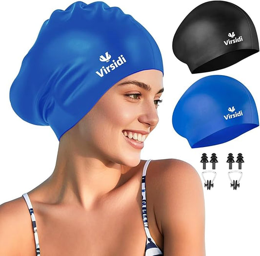 2 Pack Large Swim Caps for Long Hair, Silicone Swimming Cap for Adult Women Men, Waterproof Swim Hats Bathing Caps to Keep Hair Dry with Bonus Nose Clip and Earplugs