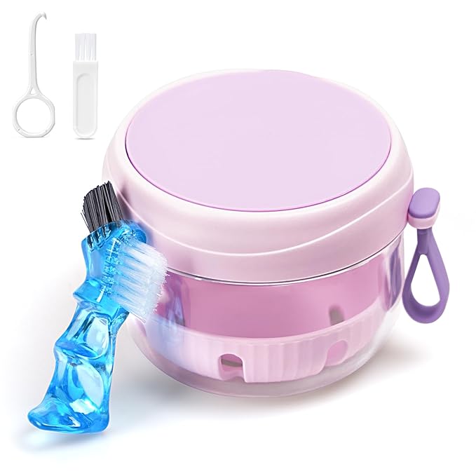 Denture Case with Strainer and Mirror, Leak Proof Denture Bath Cup for Travel, Purple Denture Container Cups for Soaking Full & Partial Dentures, Retainers with Denture Brush, Aligner Removal Tool