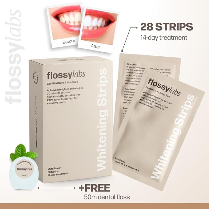 Flossy Labs Pap+ Teeth Whitening Strips, Peroxide Free, Enamel Safe, High Strength, Non Slip, 14 Day Treatment for Sensitive Teeth, Removes Stains from Coffee, Wine, and Tea, Professional Results.
