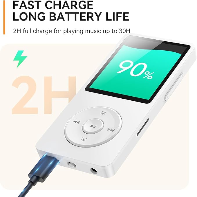 AGPTEK A02 MP3 Player with Bluetooth 5.3, 1.8 inch Screen Portable Music Player with Speaker, FM Radio, Voice Recorder, Supports Expanded Up to 128GB(White, 64GB)