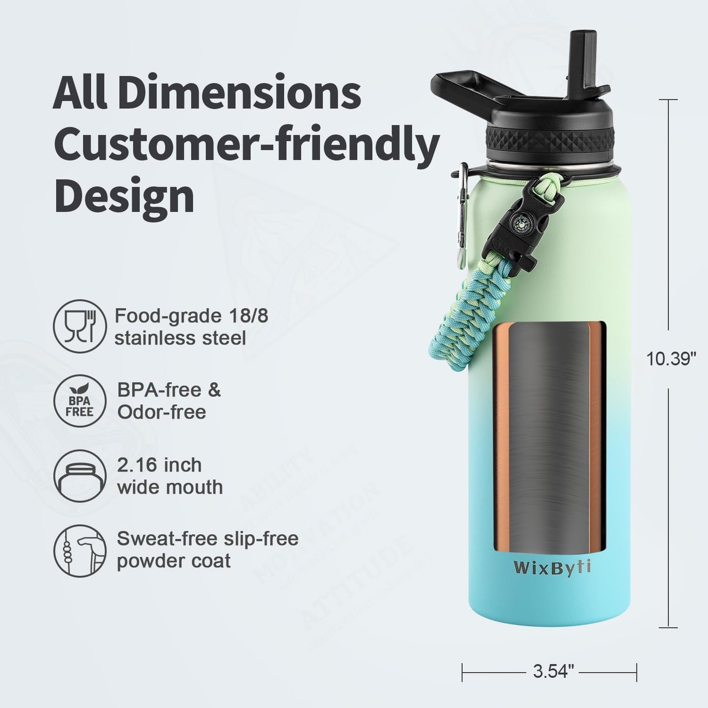 40 oz Insulated Water Bottle with Straw (Cold for 48 Hrs), Stainless Steel Triple Wall Vacuum Sports Water Jug, Leakproof Hydro Cup Flask with Paracord Handle & Straw Spout Lids & DIY Stickers