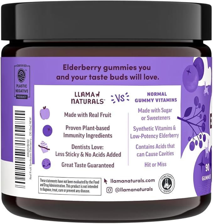 Llama Naturals Elderberry Gummies for Adults, Vegan, Organic Immune Support Supplement with Vitamin C and Zinc, Real Fruit Gummy Vitamins for Immunity, Chewable, No Added Sugar Cane, 90 Ct