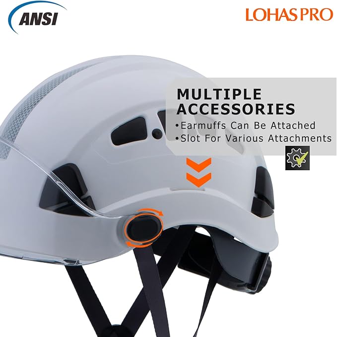 LOHASPRO Hard Hats Construction Safety Helmet with Visor ANSI Z89.1 Approved OSHA Hardhat, Vented Men White Hard Hat with Chin Strap Tree Climbing Arborist Helmet (P1 White+Clear Visor)