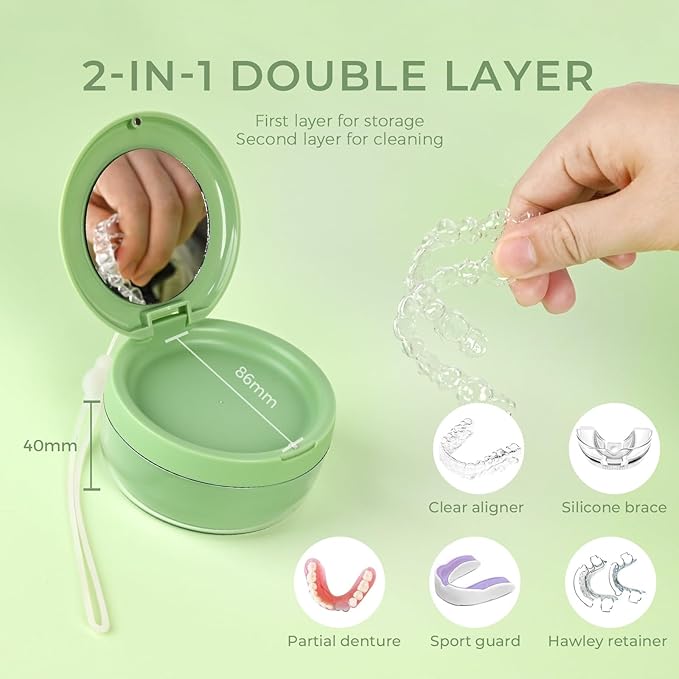 Denture Case, Leak Proof Denture Bath Cup, Denture Soaking Container Cups for Dentures, Retainers, Mouth Guard Storage Case, Full & Partial Denture Cleaning Holder Box with Strainer, Green