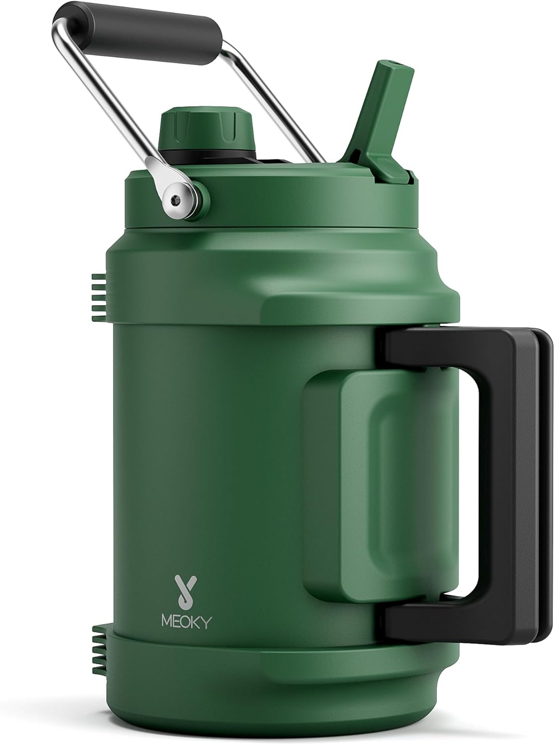 64 oz Insulated Water Bottle for Camping: Meoky Triple Wall Vacuum Stainless Steel Half Gallon Water Jug - Top and Side Handles, 2-in-1 Straw and Spout Lid, Cold for 36 Hrs, Leak Proof, BPA Free (Fir)