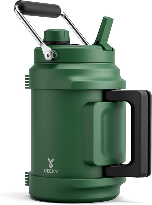 64 oz Insulated Water Bottle for Camping: Meoky Triple Wall Vacuum Stainless Steel Half Gallon Water Jug - Top and Side Handles, 2-in-1 Straw and Spout Lid, Cold for 36 Hrs, Leak Proof, BPA Free (Fir)