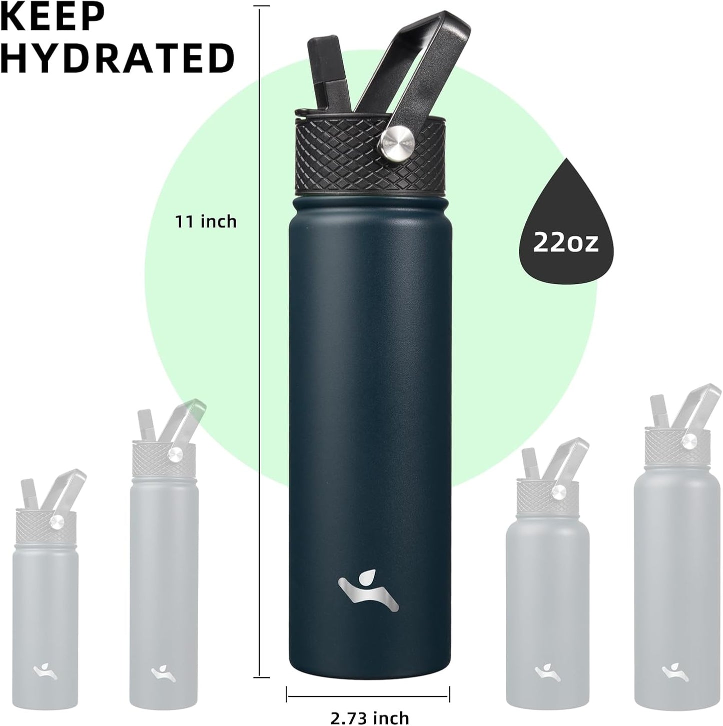 22oz Stainless Steel Bottles with 3 Lids Sport Insulated Water Bottle,Navy Blue