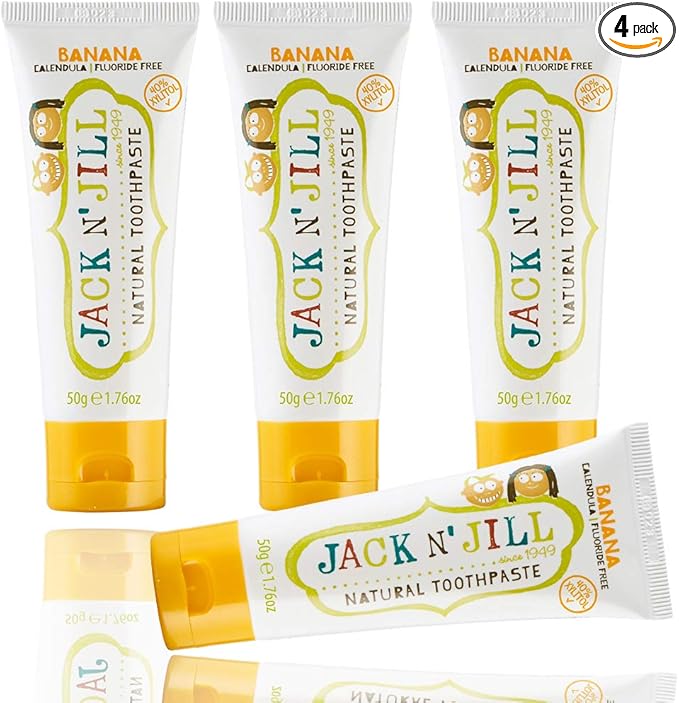 Jack N' Jill Natural Toothpaste for Baby and Infants - Fluoride Free Training Toothpaste, 40% Xylitol, BPA Free - Banana, 1.76 oz (Pack of 4)