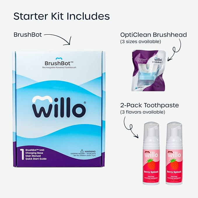 Willo BrushBot Kids U-Shaped Toothbrush Starter Kit – Rechargeable, Smart Electric Toothbrush for Kids Ages 5-7 w/App, Soft Bristles, Plaque Removal, Gentle & Deep Clean Modes | Small Berry Splash