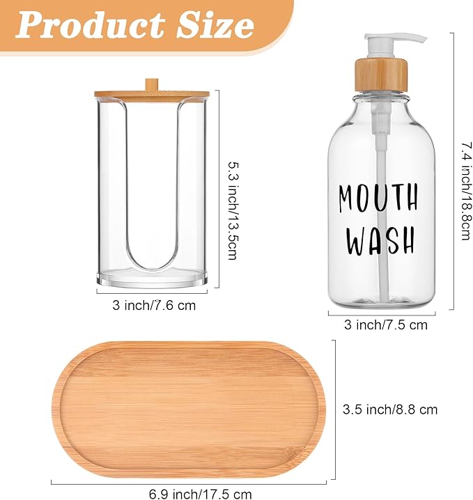 1 Set Mouthwash Dispenser for Bathroom 17 Oz Refillable Mouth Wash Pump Bottle Paper Cup Holder with Bamboo Lid and Tray Clear Mouthwash Container for Bathroom Vanity Kitchen Sink