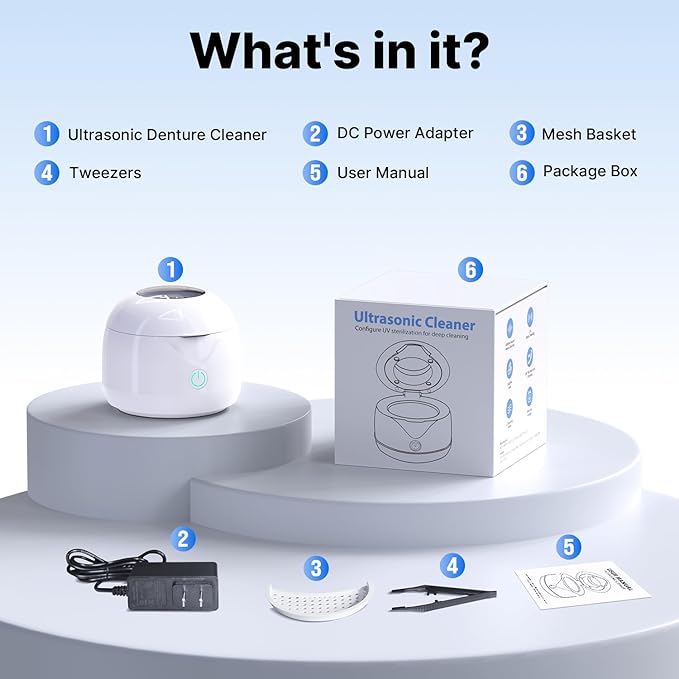 Ultrasonic Retainer Cleaner - UV Dental Cleaning Pod Night Guard Cleaner for Dentures, Aligner, Braces, Toothbrush Heads, Jewelry (White)