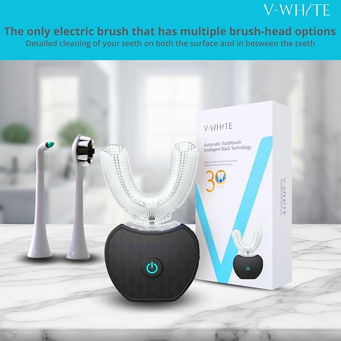 V-WHITE Ultrasonic U-Shaped Toothbrush for Teeth Whitening, Electric Toothbrush For Adults - 360° Mouth Cleansing, Hands Free Gums Protection - Wireless Charging & LED Light -Waterproof IPX7 Certified