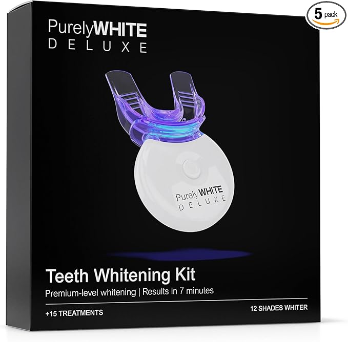 PurelyWHITE DELUXE Teeth Whitening Kit, Complete LED Teeth Whitening, 15+ Treatments, (3) 3ml Whitening Gel Syringes, Whiter Smile in 7 Minutes