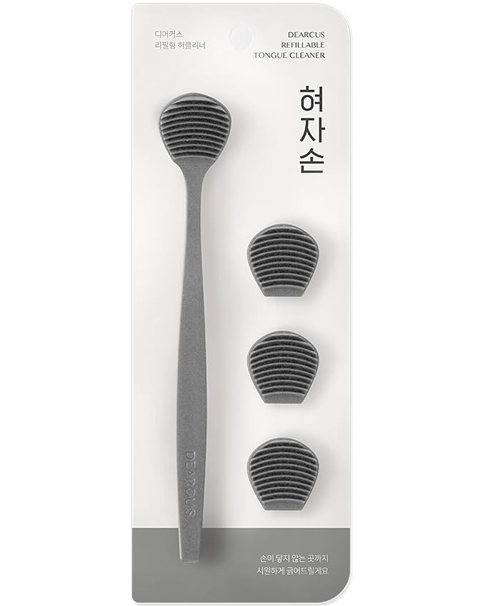 DEARCUS Korean Tongue Scraper with 3 Replaceable Heads - 100% BPA Free TPE Tongue Cleaner - Reduce Bad Breath & Without Hurt - Hygienic Scraper - Modern & Simple Design (Gray)