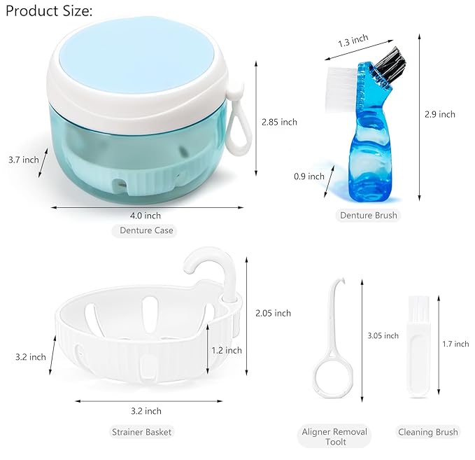 Denture Case, Leak Proof Denture Bath Cup for Travel, Denture Container Cups for Soaking Full & Partial Dentures, Retainers, Mouth Guard with Denture Cleaner Brush, Aligner Removal Tool - White