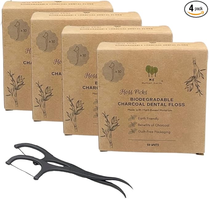Me Mother Earth Vegan Biodegradable Dental Floss Picks (200 Count) - Natural | Sustainable | Eco-Friendly | Charcoal Dental Flossers for a Zero Waste Oral Care (3 Inch)