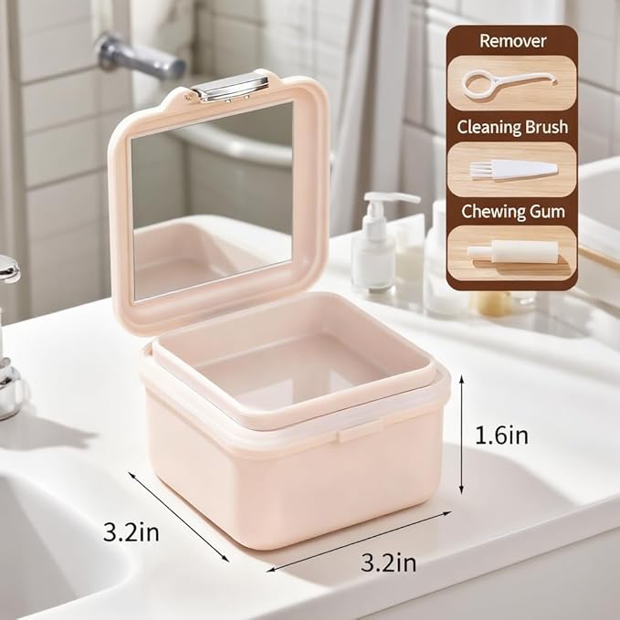 Denture Soaking Container Retainer Cleaner Case, Leak Proof Denture Bath Box with Strainer Basket, with Cleaning Brush Dentures Cup, with Mirror Waterproof Denture Holderfor Travel（beige）