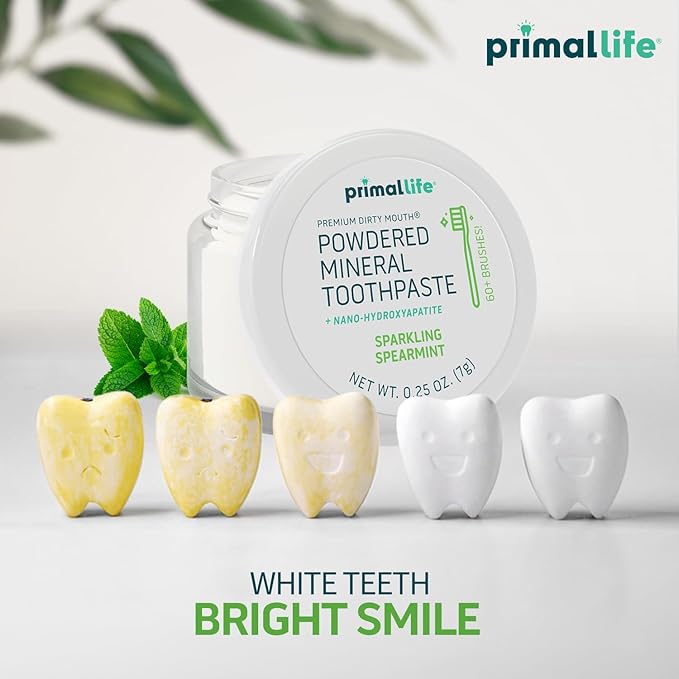 Primal Life Organics Dirty Mouth Toothpowder, Tooth Cleaning Powder, Flavored Essential Oils, Hydroxyapatite, Natural Kaolin, Bentonite Clay, USE: 60+ Brushings, Paleo, Organic, Vegan Spearmint 0.25oz