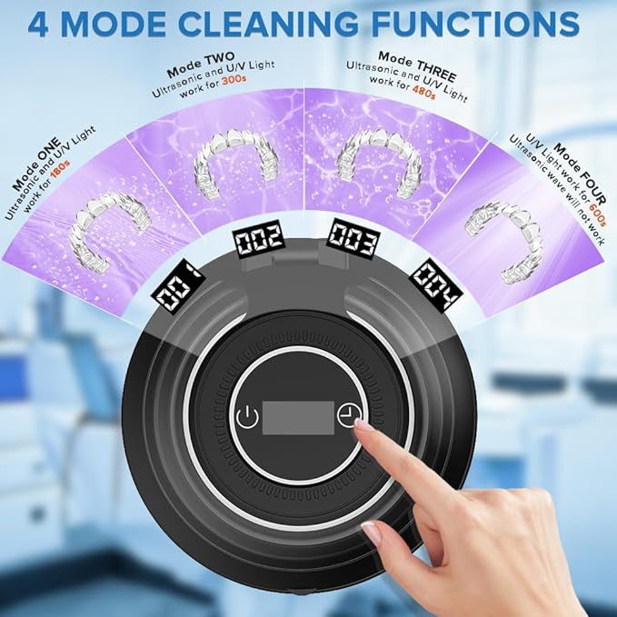 Ultrasonic Retainer Cleaner 45kHz Dental Cleaning Machine With 6 U/V Lights Adjustable Buzzer Alarm 200ML Capacity Black