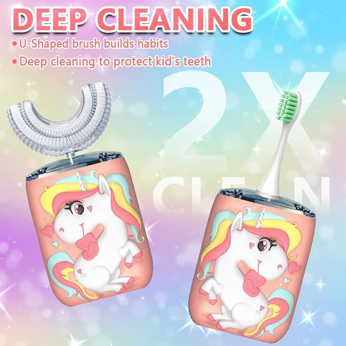 Kids Toothbrush Electric, U Shaped Ultrasonic Automatic Toothbrush with 2 Brush Heads, Six Cleaning Modes, Cartoon Modeling Design for Kids, Special for Birthday Gift (Pink, Kids 2-7)