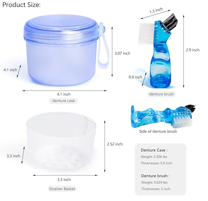 Leak Proof Travel Denture Bath Case for Full Dentures, Denture Cups for Soaking Dentures, Denture Container Cups with Brush for Dentures, Aligner, Retainers, Mouth Guard (Blue)