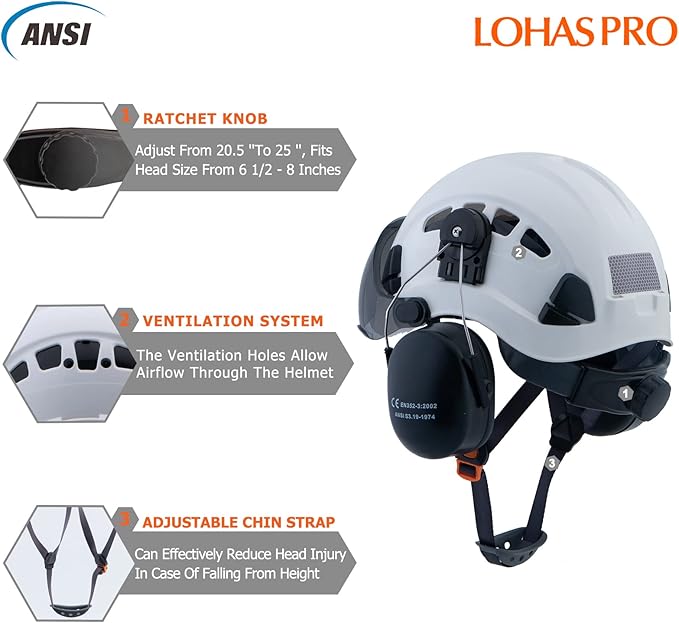 LOHASPRO Arborist Forestry Helmet Safety Hard Hat with Visor and Ear Muffs for Tree Service Logging Cutting Wood Chainsaw Helmet Garden Work Trimming Mowing(P91 White+Smoked Visor+Earmuff)