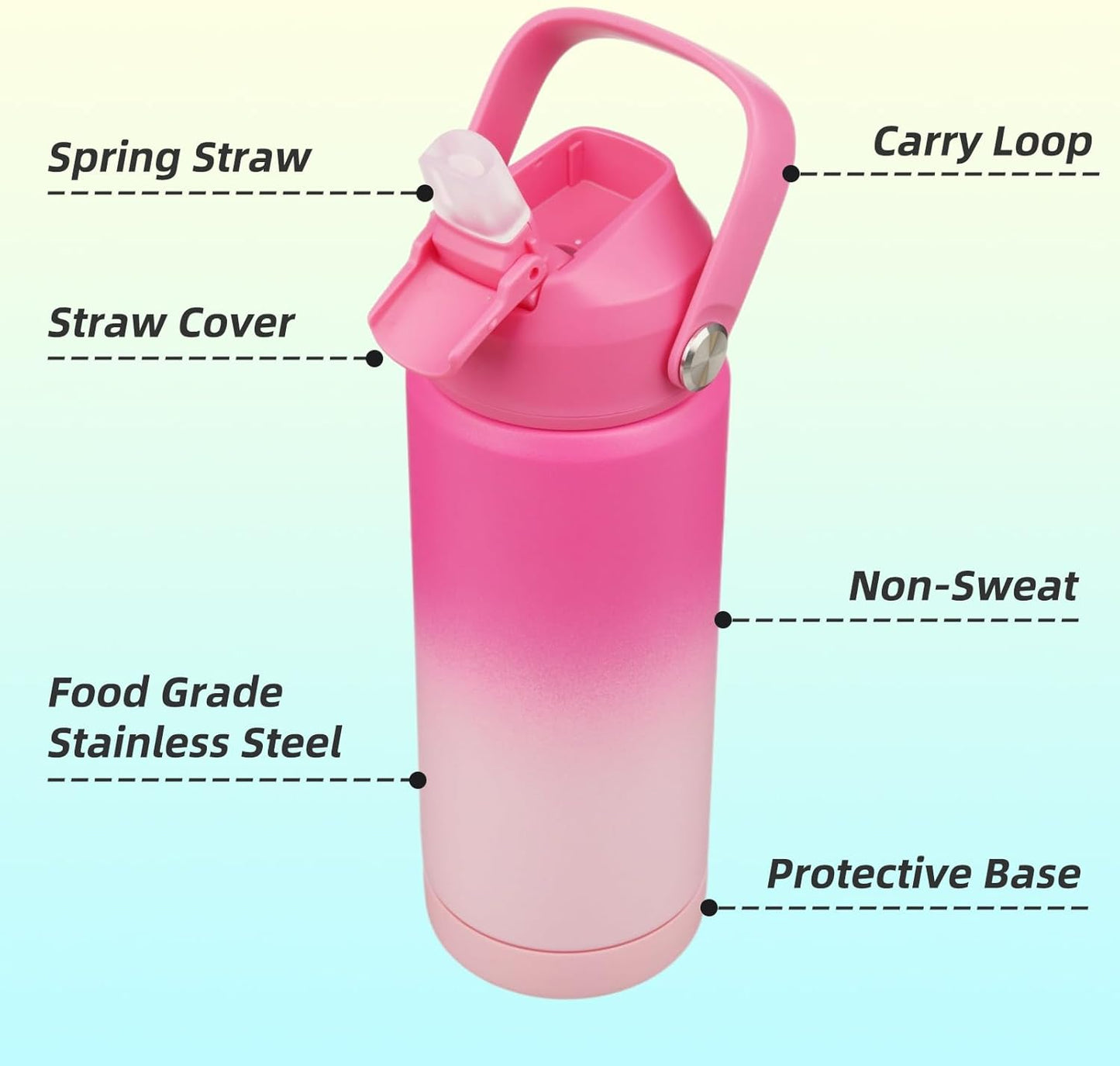 Insulated Water Bottle with Straw Lid,18 oz Stainless Steel Vacuum Metal Bottle with Silicone Handle,Cherry Blossom