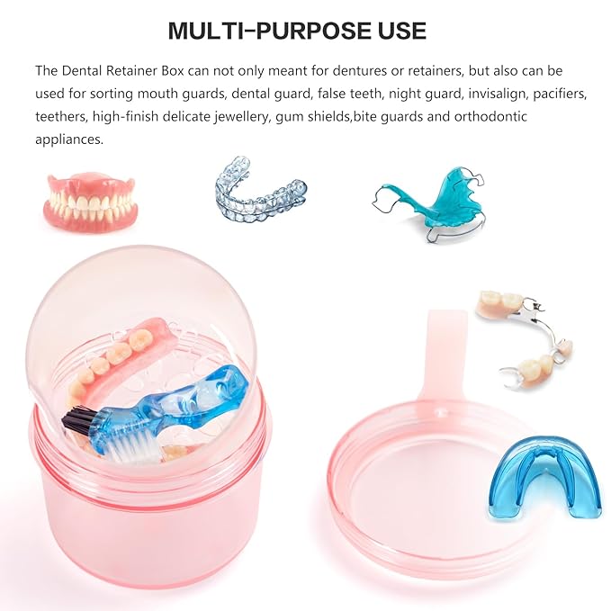 Leak Proof Travel Denture Bath Case for Full Dentures, Denture Cups for Soaking Dentures, Denture Container Cups with Brush for Dentures, Aligner, Retainers, Mouth Guard (Transparent Rouge)