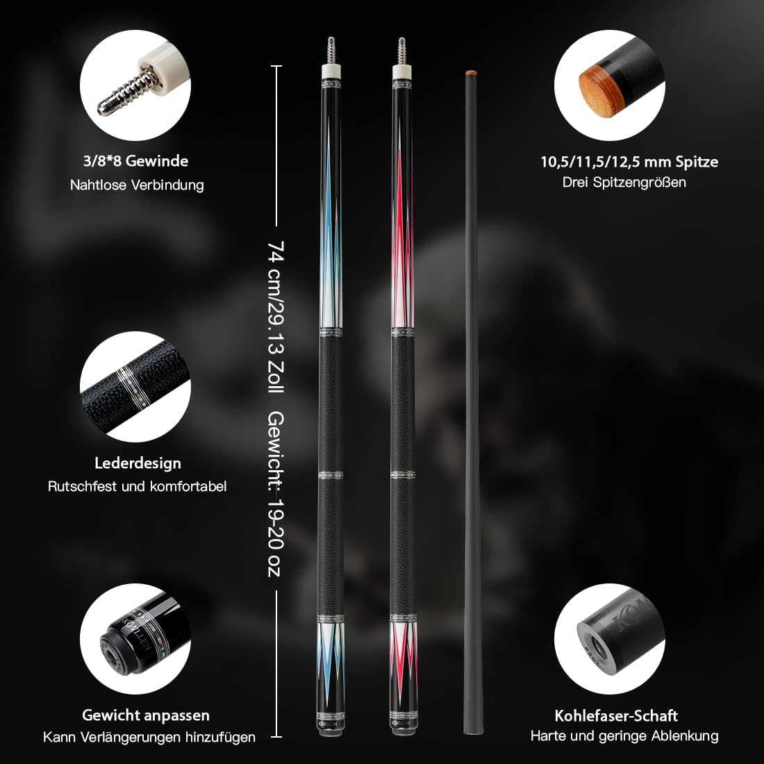 KONLLEN Carbon Fiber Pool Cue Stick Low Deflection Hand-Made Inlay Billiard Cue Ultra-Smooth Professional Feeling Billiard Pool Cue Sticks for Adults