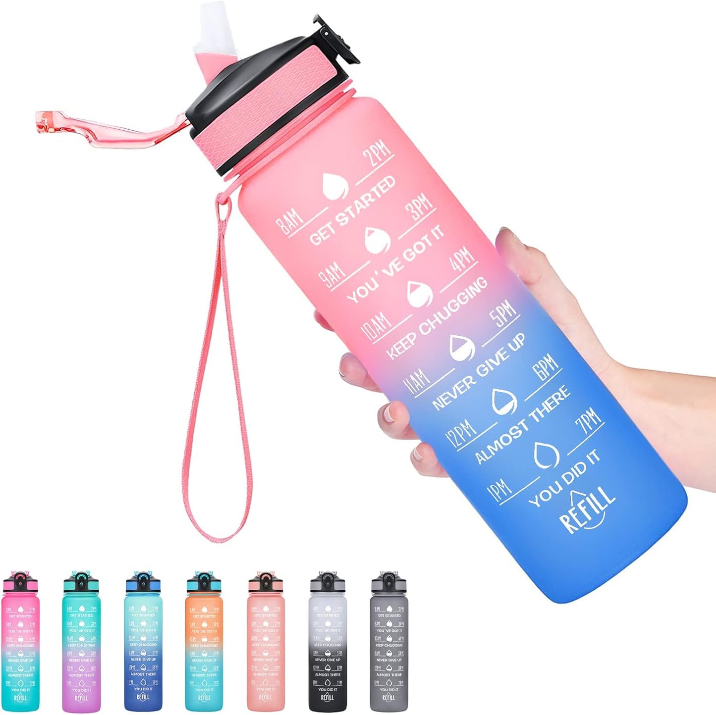 Hyeta 32 oz Water Bottles with Times to Drink and Straw, Motivational Water Bottle with Time Marker, Leakproof, Drinking Sports Water Bottle for Fitness, Gym and Outdoor