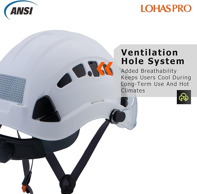 LOHASPRO Hard Hats Construction Safety Helmet with Visor ANSI Z89.1 Approved OSHA Hardhat, Vented Men White Hard Hat with Chin Strap Tree Climbing Arborist Helmet (P1 White+Clear Visor)