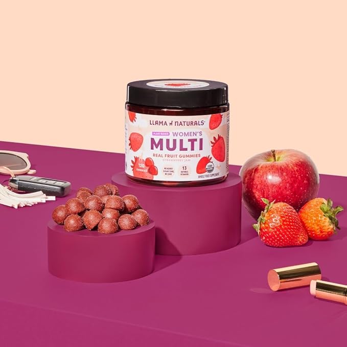 Llama Naturals Multivitamin for Women, Vegan, Organic Gummies with Vitamin D, C and K, Women's Real Fruit Gummy Vitamins, Chewable Multivitamin Supplement, No Added Sugar Cane, Strawberry, 120 Ct