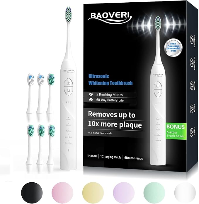 BAOVERI Electric Toothbrush with 8 Brush Heads, 42000 VPM Rechargeable Sonic Toothbrushes, 5 Modes & 3 Intensity Levels, IPX7 Waterproof, 2 Minutes Smart Timer, 4 Hours Fast Charge for 60 Days