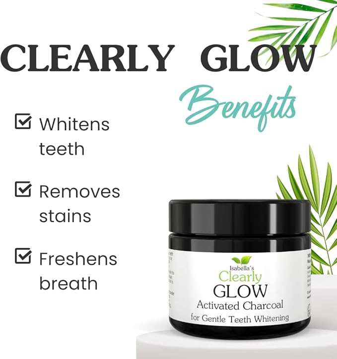 Glow Teeth Whitening Kit (4 Piece) | Pure Food Grade Activated Charcoal Powder + Bamboo Ultra Soft Toothbrush + Copper Tongue Cleaner + Eco Canvas Gift Bag