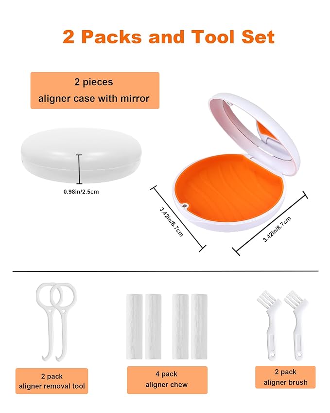 2 Pack Retainer Case with Mirror Kits, Aligner Case Compatible with Invisalign, Slim Night Guard Cases with Aligner Removal Tool, Brush and Chew, White