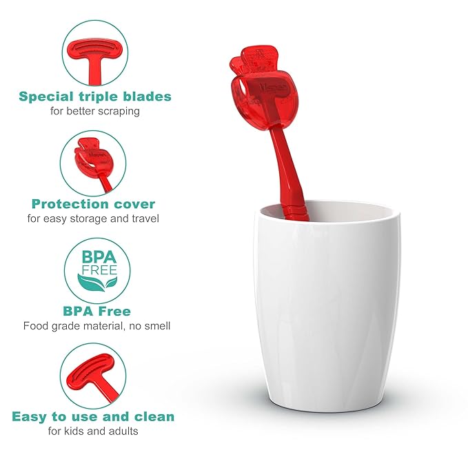 Mspan Tongue Scraper Cleaner for Adults: Tongue Brush Cleaning Scrubber with Plastic Travel Case Cap - Clean Bad Breath Dental Oral Care Red Purple 2 Pack