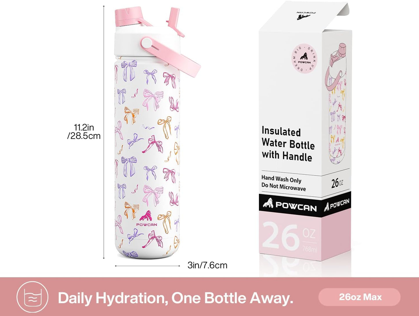 26 oz Insulated Water Bottle with 2-in-1 Straw and Spout Lid, Keep Cold 24H, Leak-Proof, Fits in Car Cup Holder, Stainless Steel Water Bottle for Sports, Travel, and School (Ribbon Whimsy)