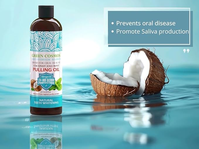Coconut Mint Pulling Oil Mouthwash, 237ml Natural Teeth Whitening, Ayurvedic Daily Swish for Oral Health Alcohol & Fluoride Free, Healthy Gums, Fresh Breath, Solution for Bad Breath
