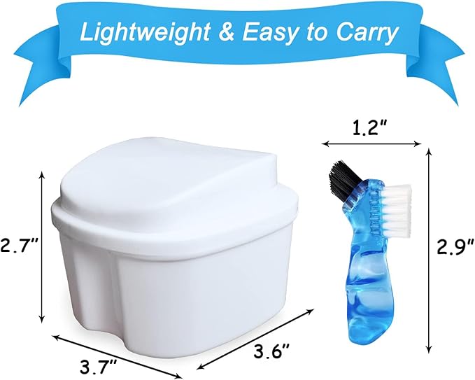 Denture Soaking Box Orthodontic Retainer Bath Case with Strainer Basket, False Teeth Container Dental Denture Bath Box Case Cup for Travel Cleaning - White