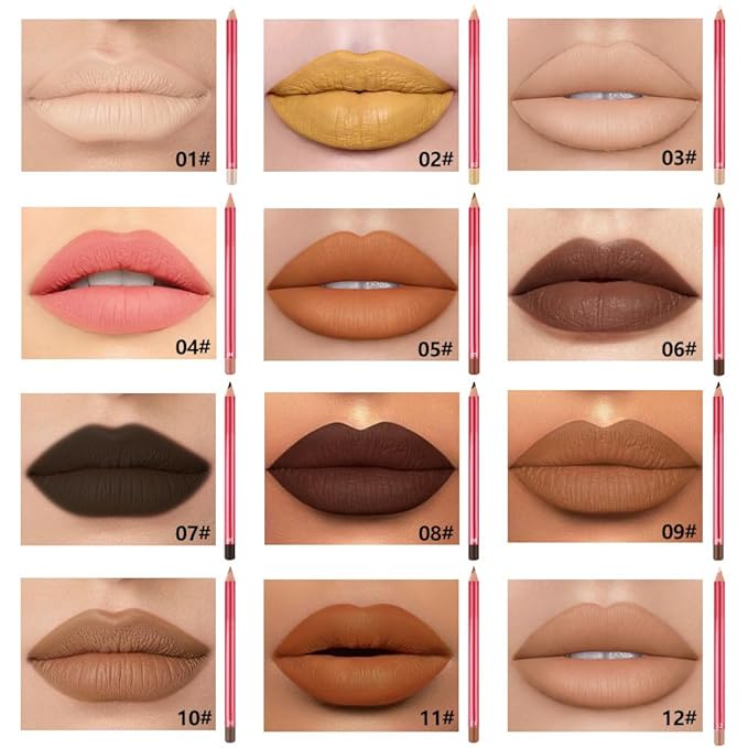 12Pcs Lip Liner Pencil Set - Matte Lip Combo for Women, Waterproof & Smudgeproof, Precise Lip Shaping & Sculpting, Includes Sharpener, Assorted Colors Set A