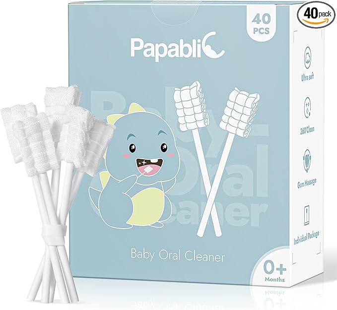 Papablic Baby Tongue Cleaner, Baby Oral Cleaner, Disposable Infant Mouth Cleaner Newborn, Upgrade Gum Cleaner with Paper Handle or Infants Ages 0-2 Years, 40 Pack