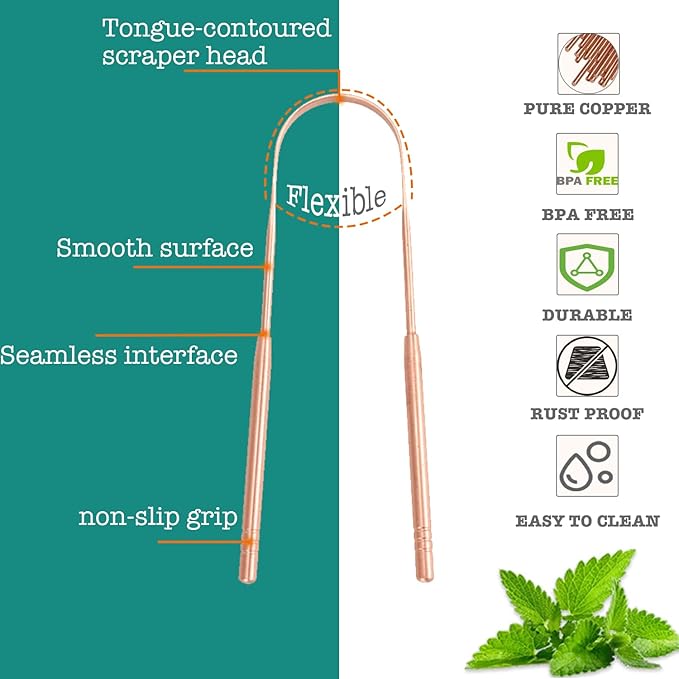 Copper Tongue Scraper (2 Pack), Tongue Cleaner for Reduce Bad Breath, Tongue Scrapers for Adults & Kids, 100% Copper Metal Tongue Scrubber Set for Oral Care & Easy to Use (long-handle)
