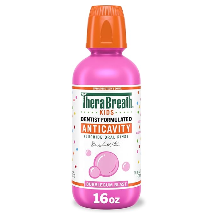 TheraBreath Kids Anticavity Fluoride Oral Rinse, Strengthens Teeth & Enamel, Alcohol Free & Dye Free, Certified Organic Bubblegum Blast Flavor, 16 Fl oz