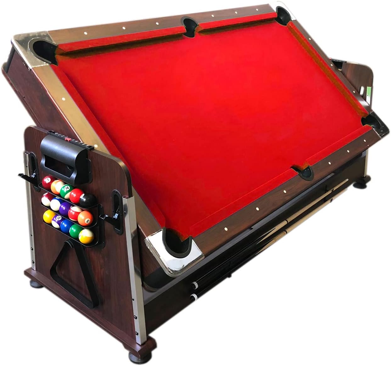 7ft Pool Table Air Hockey 3 in 1 Pool Table Red Felt with Storage Benches - Crown