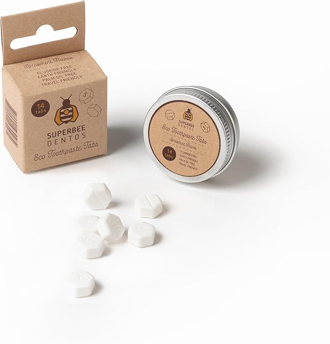 SuperBee Dentos Toothpaste Tablets & Dentos Floss, 14 Tabs, Fluoride Free & Eco Friendly, Travel Mouthwash Tablets, Sensitive Bites Kids Adults, Chewable Tablet, Spearmint