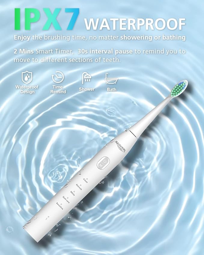 BAOVERI Electric Toothbrush with 8 Brush Heads, 42000 VPM Rechargeable Sonic Toothbrushes, 5 Modes & 3 Intensity Levels, IPX7 Waterproof, 2 Minutes Smart Timer, 4 Hours Fast Charge for 60 Days