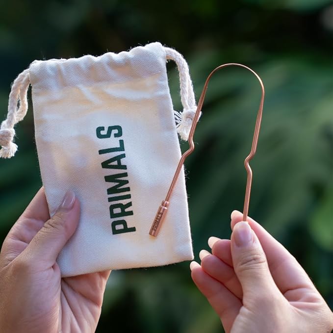 PRIMALS Copper Tongue Scraper - Fresher Breath & Improved Oral Health - Natural Ayurvedic Cleaner for Daily Detox - Rust-Resistant, Eco-Friendly with Travel Cloth Pouch Included (1 Count)