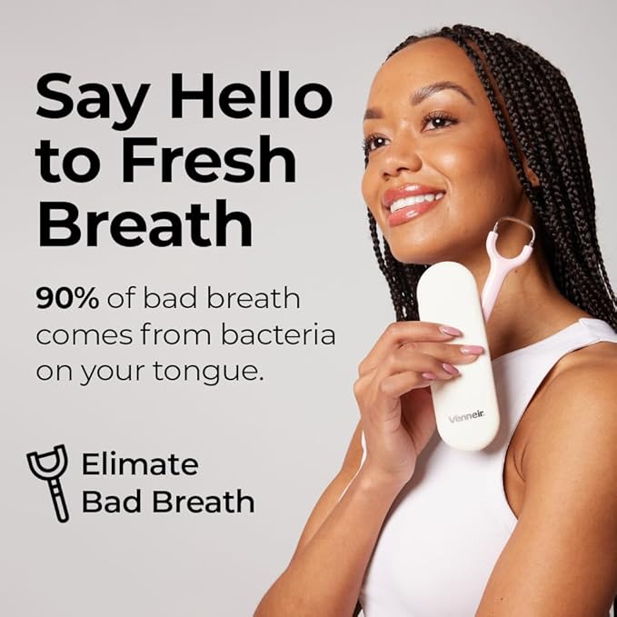 Venneir® Tongue Scraper with Travel Case, Oral Glide Pro–Bad Breath Treatment, Medical-Grade Stainless Steel– for Adults & Kids. 100% Rustproof, Sleek & Effective Design (Slate White)